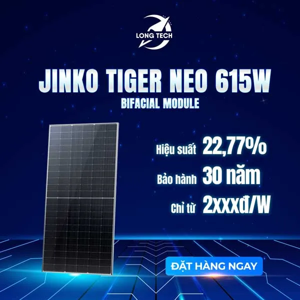 Tấm pin năng lượng mặt trời Jinko Tiger NEO 615W – 2 MẶT KÍNH