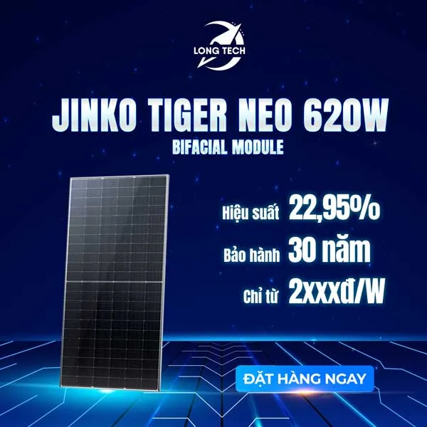 Tấm pin năng lượng mặt trời Jinko Tiger NEO 620W – 2 MẶT KÍNH